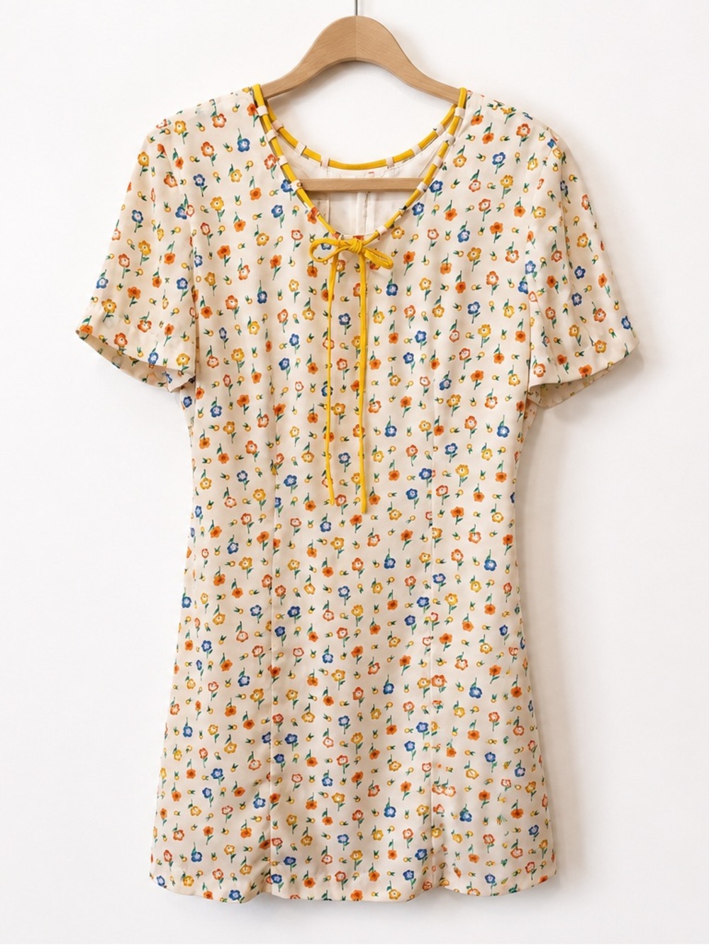 Barbara Bui Paris Floral Mini Dress Yellow Tie Neck Fit & Flare Size 7/28